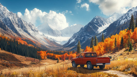 A striking red truck parked in an autumn landscape, surrounded by vibrant orange trees and towering mountains under a dramatic sky. Perfect for adventure themes.の素材