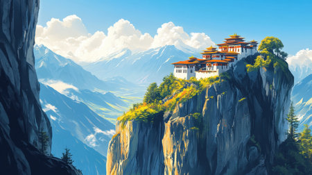 This breathtaking image showcases a serene temple perched on a cliffside, surrounded by majestic mountains and tranquil skies. Ideal for travel and nature themes.の素材