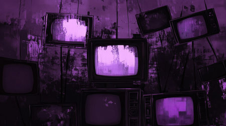Chaotic TV static in shades of black and purple, forming a surreal and bold abstract texture designの素材