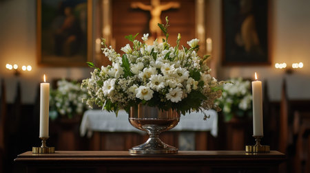 A polished urn with white flowers and soft candlelight, placed on a wooden altar in a solemn church settingの素材