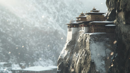 Stunning image of a monastery built on a cliff, surrounded by snow-covered mountains, embodying tranquility and spiritual beauty in a serene alpine landscape.の素材