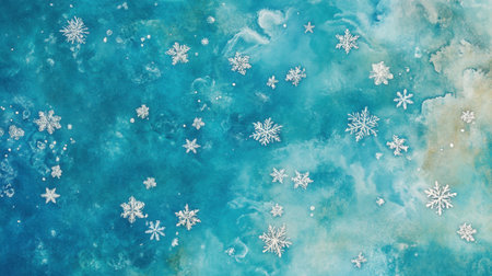 Aerial view of snowflakes scattered across a soft blue watercolor background, evoking chilly winter vibesの素材
