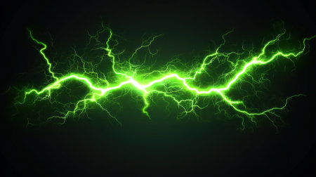 High-angle view of sharp green neon lightning streaks spreading dynamically on a dark, atmospheric backgroundの素材