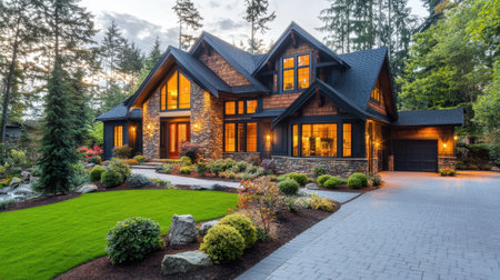 A stunning modern home featuring elegant architecture and beautiful landscaping. The evening light enhances the peaceful ambiance surrounded by lush greenery.の素材