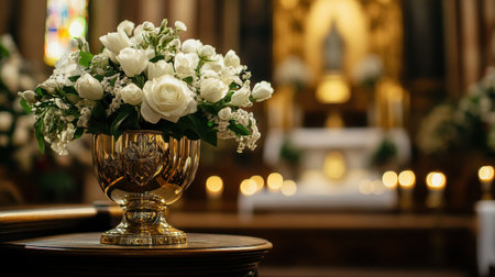 A polished urn with white flowers and soft candlelight, placed on a wooden altar in a solemn church settingの素材