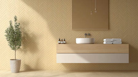 A beautifully designed modern bathroom featuring minimalist fixtures, a stylish washbasin, elegant towels, and natural greenery for a serene atmosphere.の素材