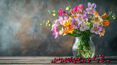 A beautiful arrangement of freesia flowers in a glass vase, accented with berries, set on a wooden table, fresh and colorfulの素材