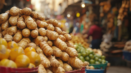 Moroccan ginger roots stacked in pyramids, bright colors, and bustling market vibesの素材