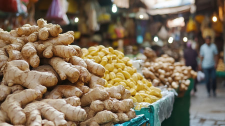 Vibrant Moroccan spice market, ginger roots arranged in neat pyramids, earthy aroma captured visuallyの素材
