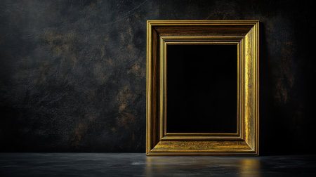 An elegant vintage gold frame rests against a dark textured background. Perfect for showcasing artwork or photography, this empty frame invites creativity and inspiration.の素材
