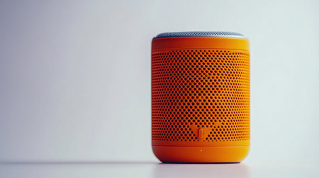 A bright orange portable Bluetooth speaker stands prominently on a soft background, showcasing modern design and technology for music lovers seeking convenience and style.の素材