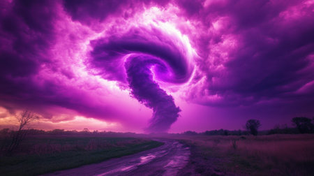 Purple smoke patterns twisting in the air, set against a thunderstorm-lit sky in a tilted, dynamic perspectiveの素材
