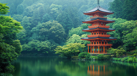 Japanese pagoda perched on hill, tranquil lake below, lush greenery, peaceful countryside sceneの素材