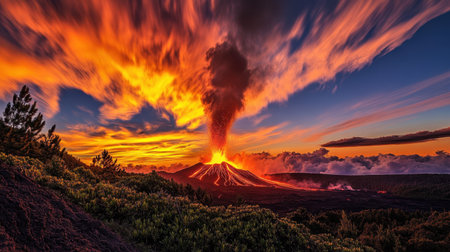 A breathtaking view of volcanic eruptions with molten lava flows, seen from a low angle under a turbulent skyの素材