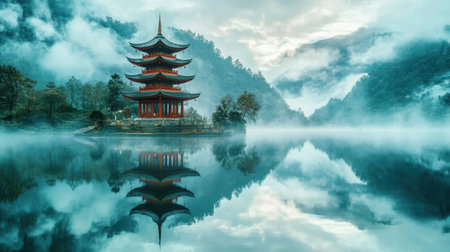 Tranquil Japanese pagoda on hilltop, lake mirroring its image, surrounded by peaceful natureの素材
