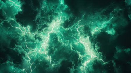 Electrifying green lightning bolts glowing brightly in a bird's-eye perspective, with a seamless transition aestheticの素材