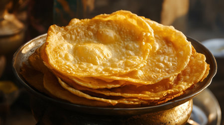 Golden and crispy Pakistani bread with fluffy layers inside, traditional snack captured in detailの素材