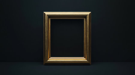 An empty golden frame set against a dark background, perfect for showcasing artwork or photography. Ideal for minimalist decor and elegant design.の素材