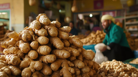 Moroccan ginger roots stacked in pyramids, bright colors, and bustling market vibesの素材