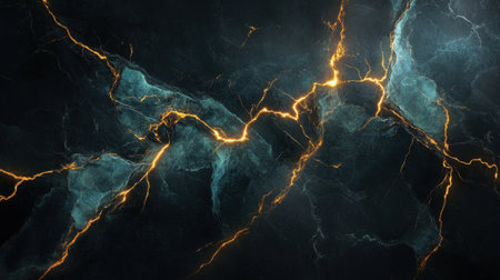 A stunning abstract background showcasing electric blue and orange cracks resembling lightning on a dark marble texture. Perfect for a variety of creative projects.の素材
