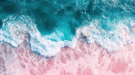 An aerial view showcasing the beauty of turquoise waves crashing onto a stunning pink sandy beach, evoking feelings of tranquility and relaxation.の素材