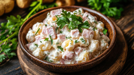 Enjoy a delightful creamy potato salad featuring ham and fresh herbs served in a rustic wooden bowl. Perfect for picnics and gatherings.の素材