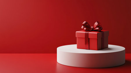 A vibrant red gift box adorned with a glossy bow sits on a minimalist white pedestal, creating a striking visual against a rich red background. Perfect for celebrating special occasions.の素材