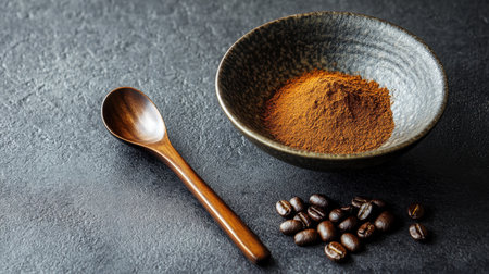 Close-up image of a unique bowl containing ground spice beside coffee beans and a wooden spoon, set on a dark textured surface, perfect for culinary and food-related projects.の素材