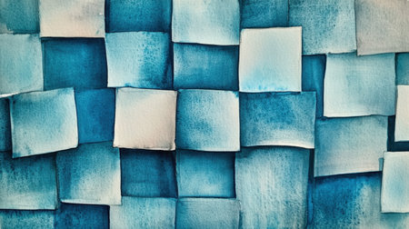 This blue watercolor squares pattern features a harmonious blend of shades, creating a unique texture ideal for backgrounds, art projects, and more.の素材