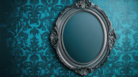 An elegant oval mirror framed in ornate detail, set against vintage teal damask wallpaper. This sophisticated decor piece enhances interior aesthetics beautifully.の素材