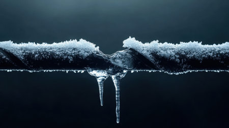 A close-up view of a frozen pipe showcasing elegant icicles and frost. The interplay of light and shadow creates a serene winter atmosphere, highlighting nature's beauty.の素材