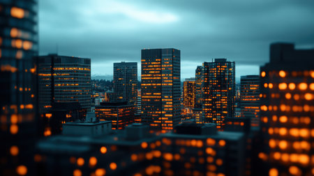 A stunning urban nightscape featuring a modern city skyline aglow with illuminated windows, creating a vibrant and atmospheric scene perfect for showcasing metropolitan life.の素材