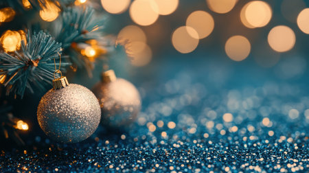 Experience the magic of the holiday season with shimmering Christmas ornaments resting against a sparkling blue background, creating a festive atmosphere.の素材