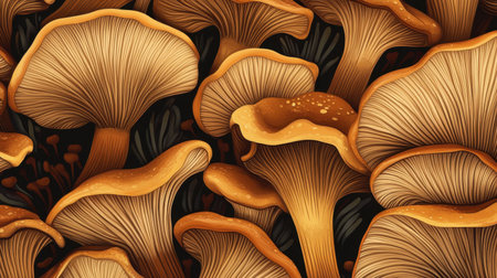 Discover a striking composition of vibrant orange mushrooms nestled against a dark backdrop, showcasing their unique textures and natural beauty in this captivating artwork.の素材