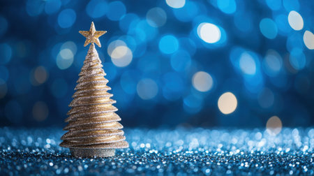 A beautiful gold Christmas tree stands against a sparkling blue glitter backdrop, creating a festive atmosphere. Perfect for holiday-themed projects.の素材