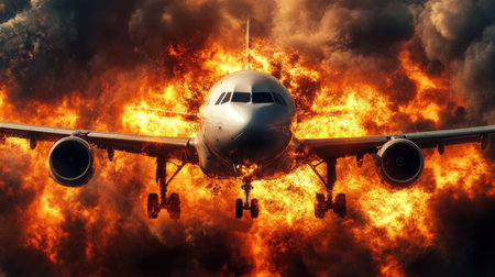 An airplane flies dramatically through a scene of chaos, surrounded by an explosive fireball and thick smoke, showcasing an intense moment of disaster and emergency.の素材