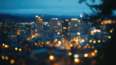 This captivating image showcases a blurred urban skyline at dusk, with glowing lights creating a serene atmosphere. The bokeh effect adds an artistic touch, enhancing the tranquil scene.の素材