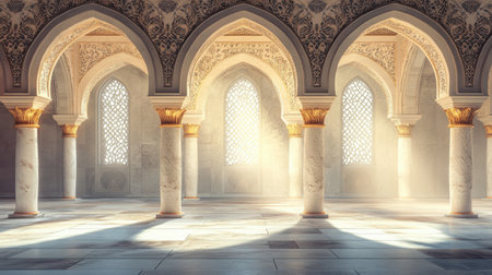 This image showcases an elegant interior space featuring beautifully ornate columns and arches illuminated by gentle sunlight, creating a serene atmosphere.の素材