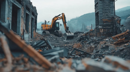 A powerful excavator operates in a desolate urban area filled with rubble. The machinery breaks apart the cold ruins of abandoned buildings, showcasing industrial strength and the ongoing impact of construction efforts on the landscape.の素材