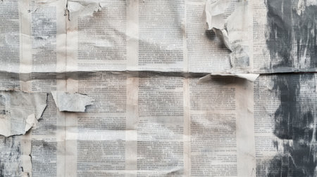 A close-up of an old crumpled newspaper featuring faded text and torn edges. The worn texture and vintage look create a nostalgic and artistic feel, perfect for various design projects.の素材