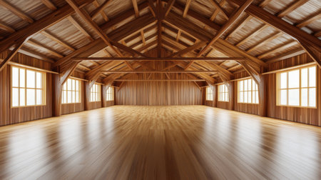 A spacious wooden interior featuring a high ceiling and large windows, creating a serene atmosphere with abundant natural light, perfect for various creative activities.の素材