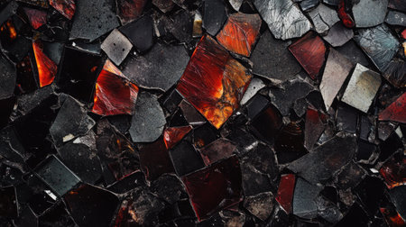 A vibrant mosaic of shattered glass fragments showcasing colorful tones of red and black, creating an artistic and abstract background perfect for design projects.の素材