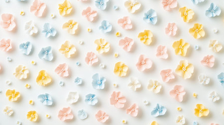 A vibrant display of colorful petals in soft pastel shades arranged on a white background. Perfect for spring themes, decor, and artistic projects.の素材