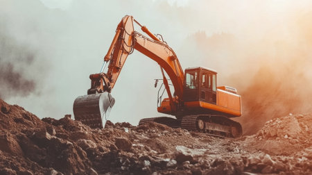 A vibrant excavator operates on a construction site at dawn, showcasing heavy machinery in action. Dust rises as it digs into the earth, highlighting industry progress.の素材