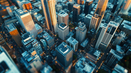A stunning aerial view showcasing a bustling city skyline with skyscrapers illuminated at dusk. This image captures the vibrant urban landscape, merging modern architecture with dynamic street life.の素材