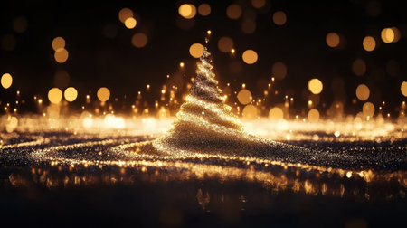 A mesmerizing golden Christmas tree radiates charm in a dark setting, surrounded by enchanting bokeh lights, evoking holiday spirit and warmth.の素材