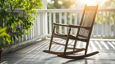 A beautifully crafted wooden rocking chair rests on a sunlit porch, surrounded by lush green plants. The warm glow creates an inviting space for relaxation and comfort.の素材