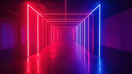 A stunning view of a futuristic hallway illuminated by vibrant neon lights. The blend of pink and blue creates a dramatic atmosphere, enhancing the modern design elements.の素材