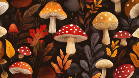 This vibrant illustration features various mushrooms set against a dark background, complemented by autumn leaves and foliage, creating a whimsical and natural feel.の素材