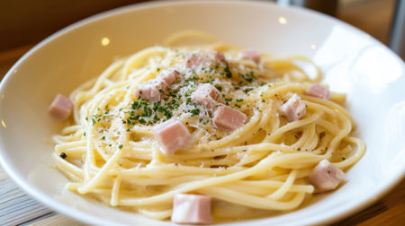 A delicious serving of creamy pasta with ham and cheese, garnished with fresh herbs. Perfect for a comforting meal at home or in a restaurant setting.の素材